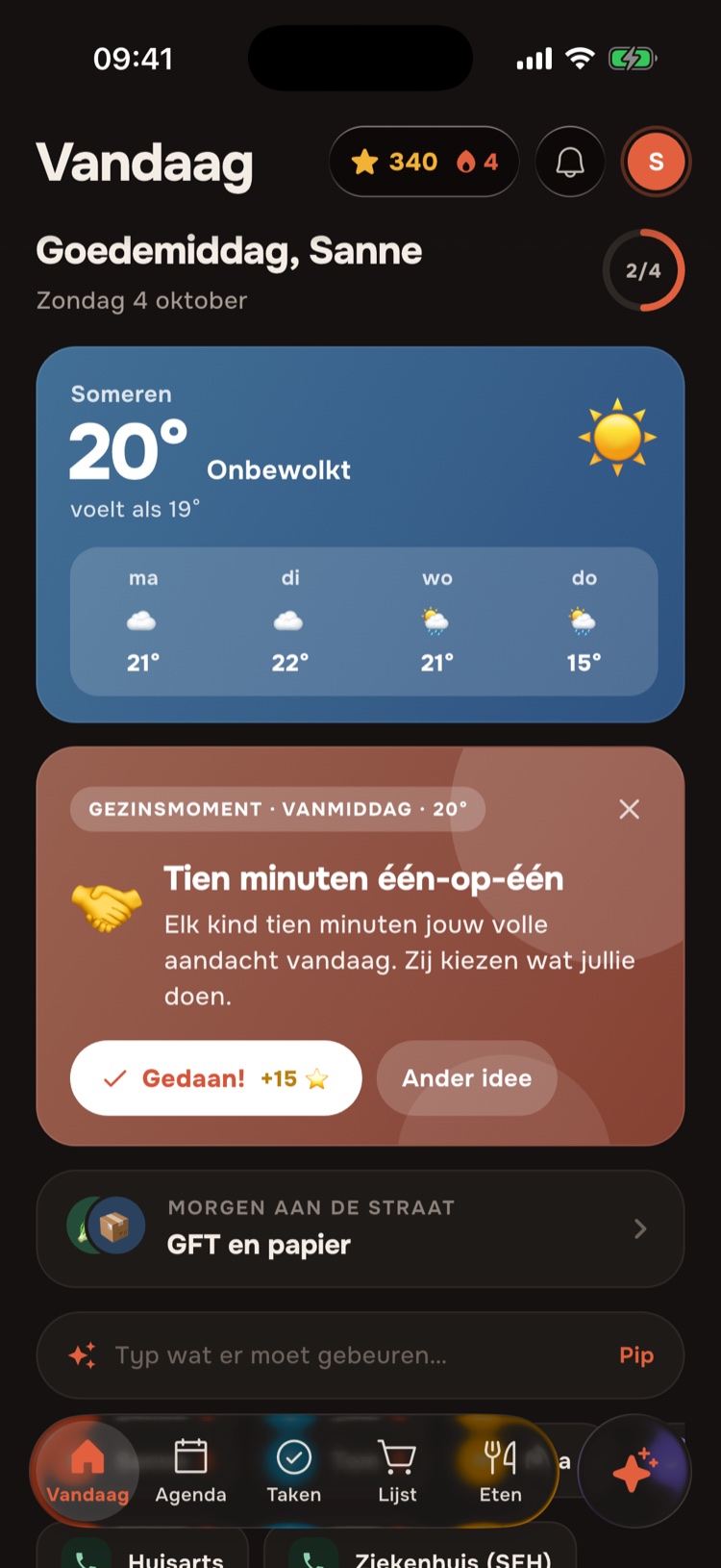 Het Vandaag-scherm in donkere modus