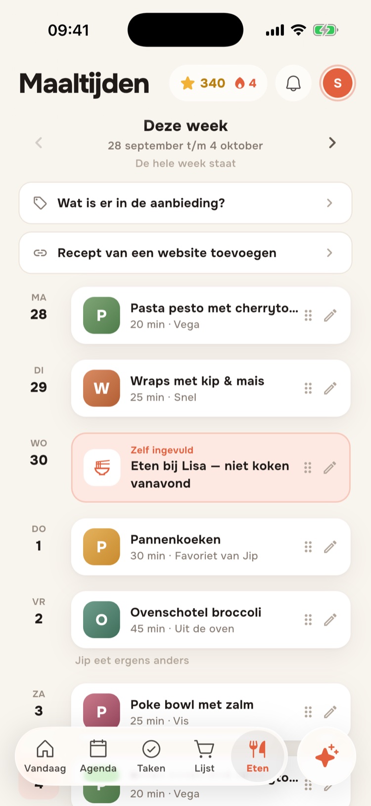 Het weekmenu met een maaltijd per dag