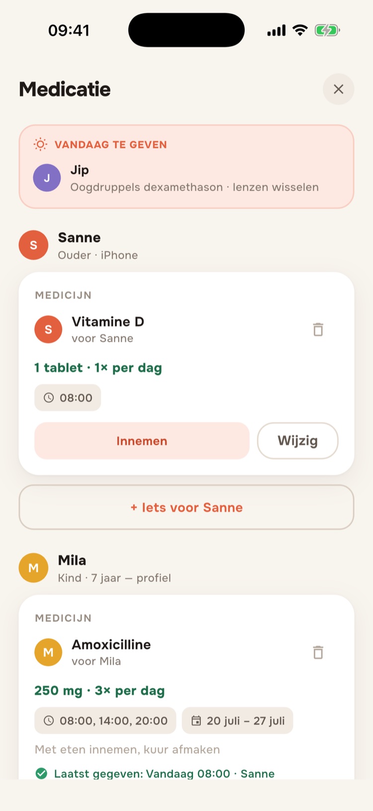 Het medicatieoverzicht per gezinslid met wat er vandaag gegeven moet worden