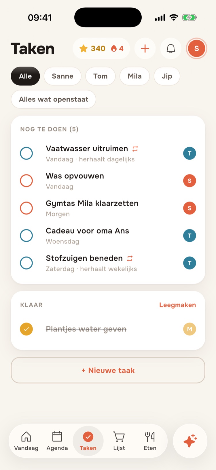 Het takenoverzicht met openstaande en afgeronde taken