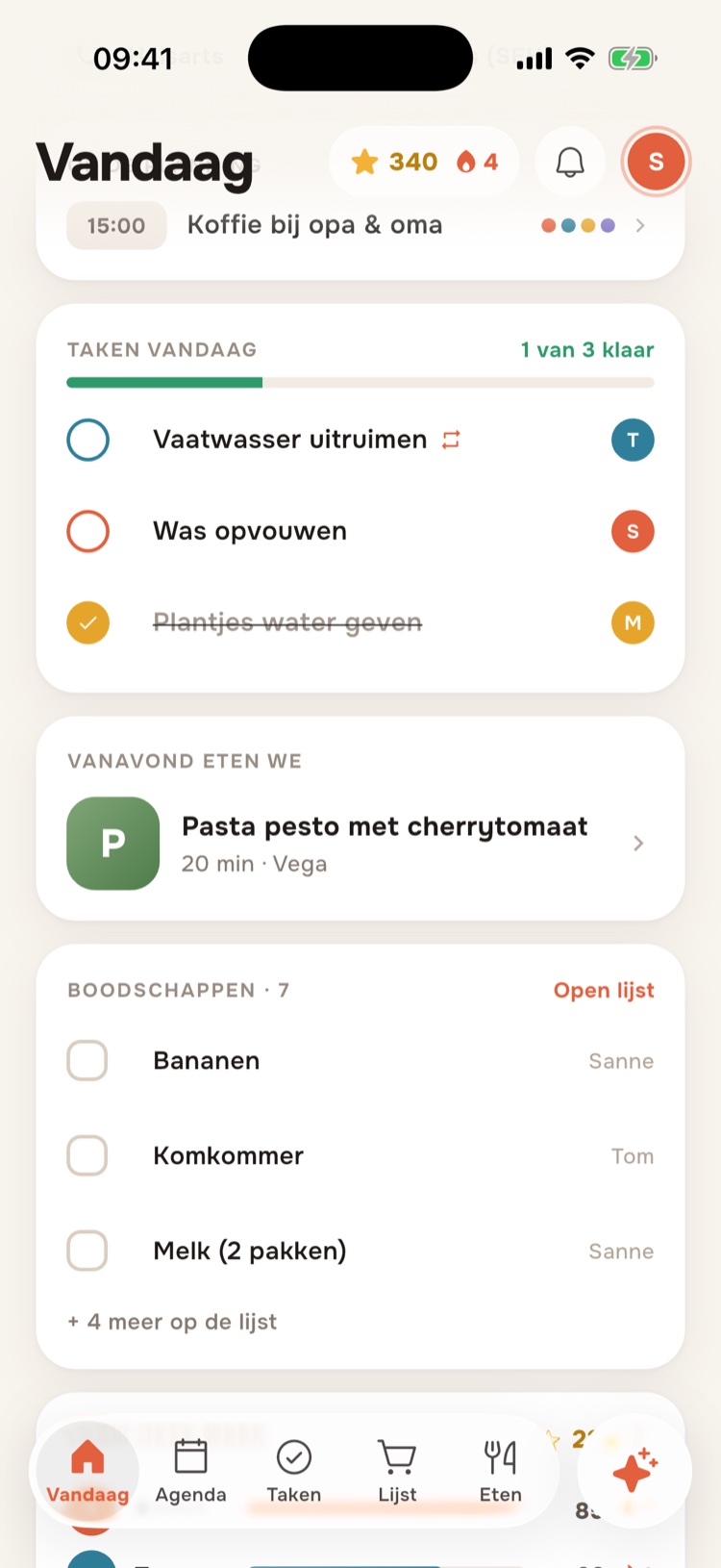 Vandaag-scherm met de planning, taken en het avondeten